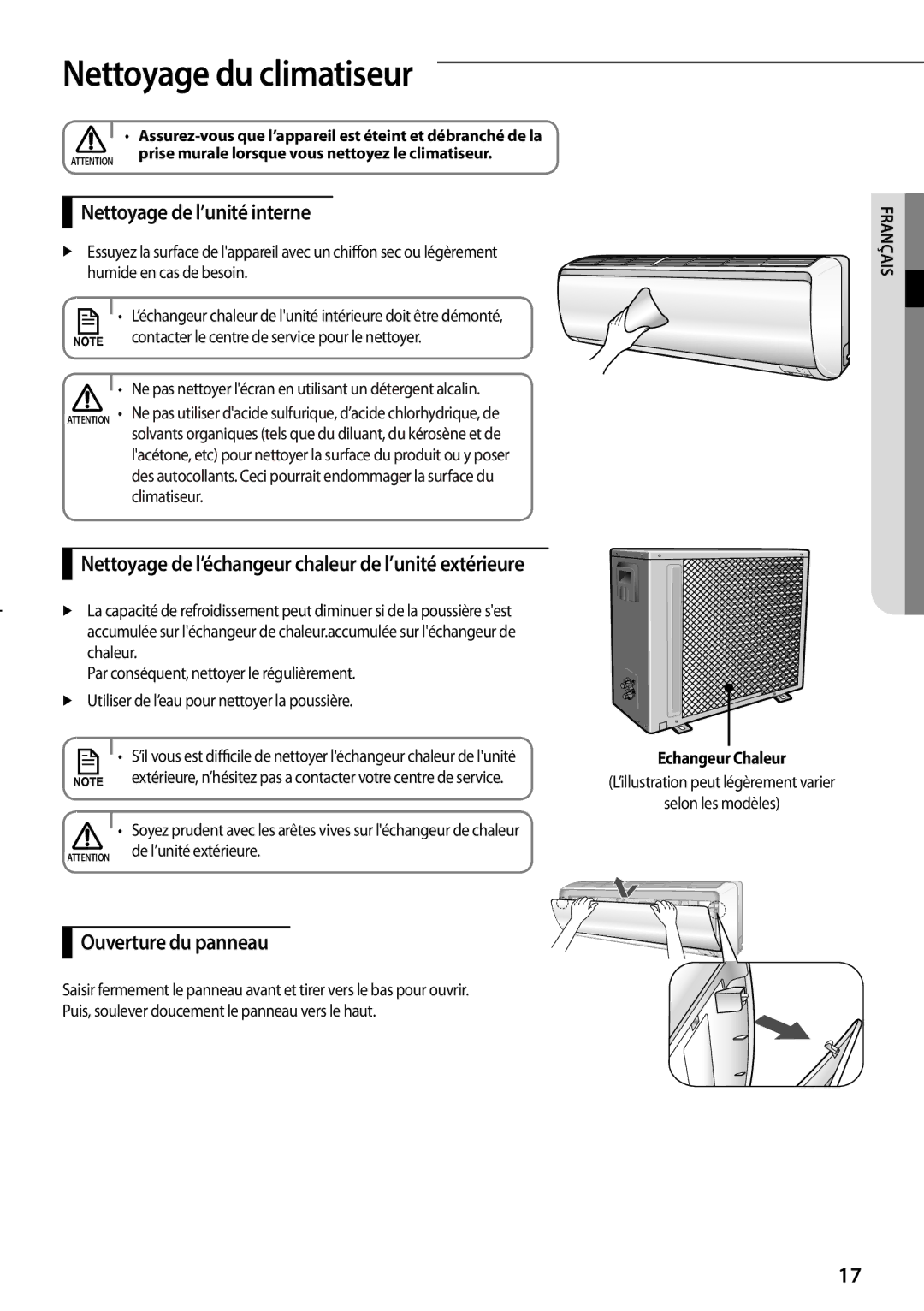 Samsung AQV09PWCNEUR manual Nettoyage du climatiseur, Nettoyage de l’unité interne, Ouverture du panneau, Echangeur Chaleur 