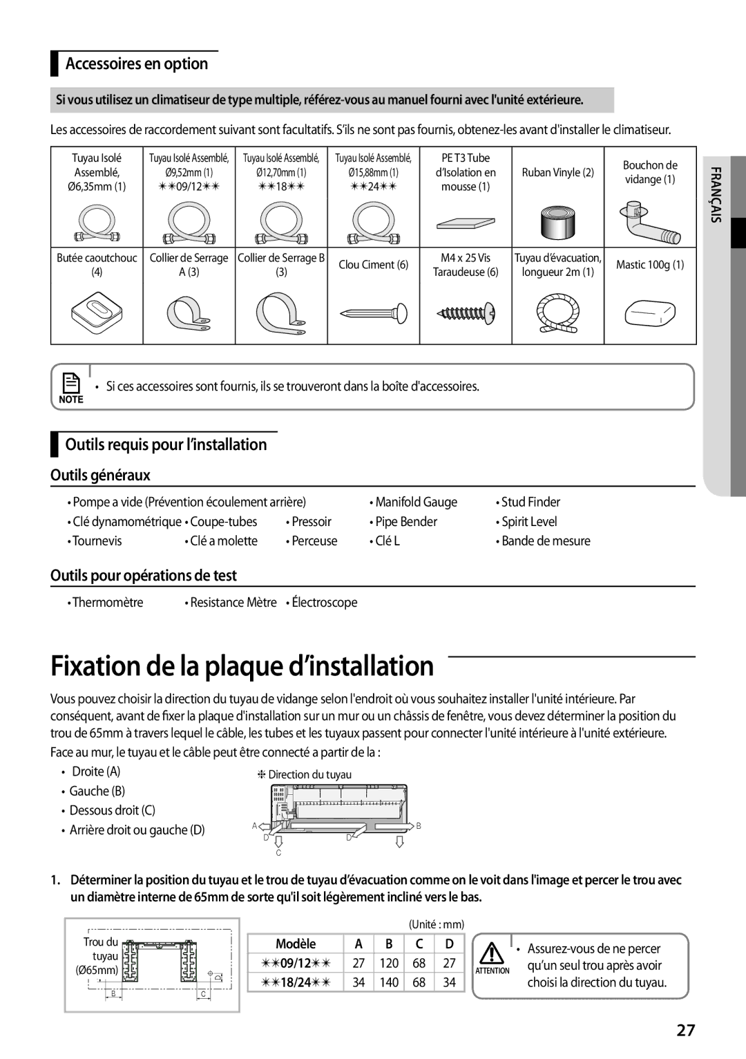 Samsung AQV09PWCNEUR manual Fixation de la plaque d’installation, Accessoires en option, Outils pour opérations de test 