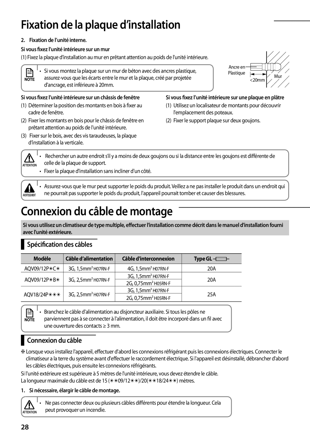 Samsung AQV12PWCXEUR, AQV12PWAX, AQV09PWCXEUR, AQV09PWCNEUR manual Connexion du câble de montage, Spécification des câbles 