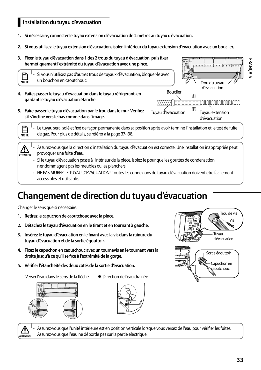 Samsung AQV12PWCXEUR, AQV12PWAX, AQV09PWCXEUR, AQV09PWCNEUR, AQV12PWCNEUR manual Installation du tuyau d’évacuation 