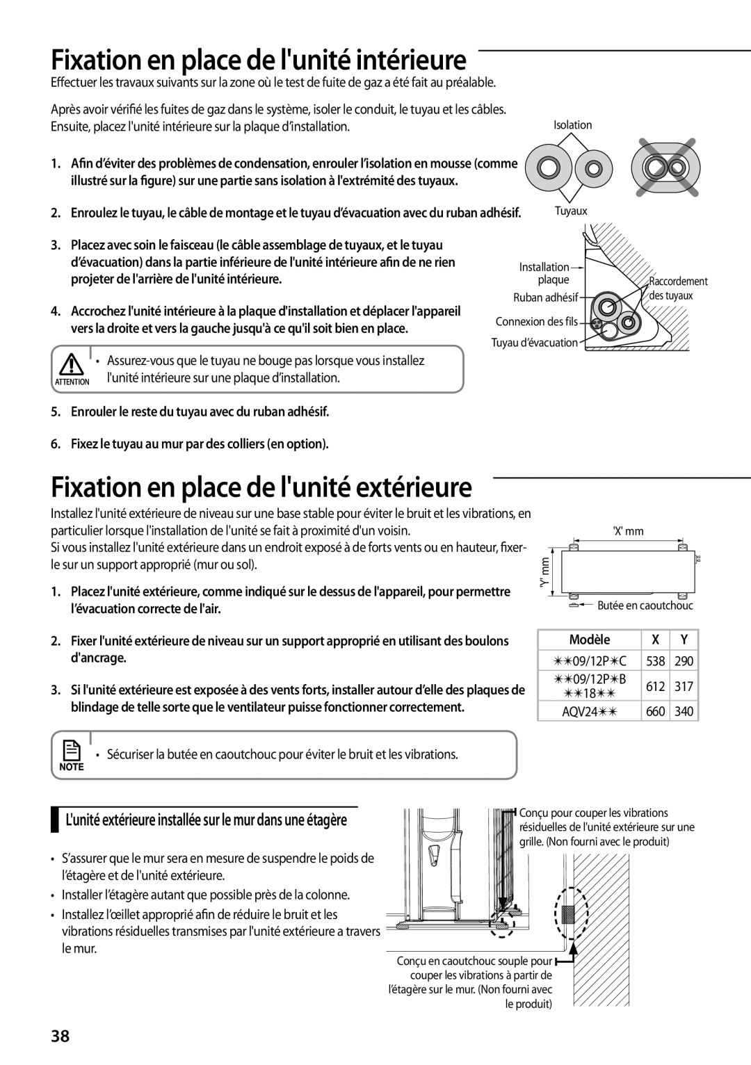 Samsung AQV12PWCXEUR, AQV12PWAX manual Fixation en place de lunité intérieure, Fixation en place de lunité extérieure 