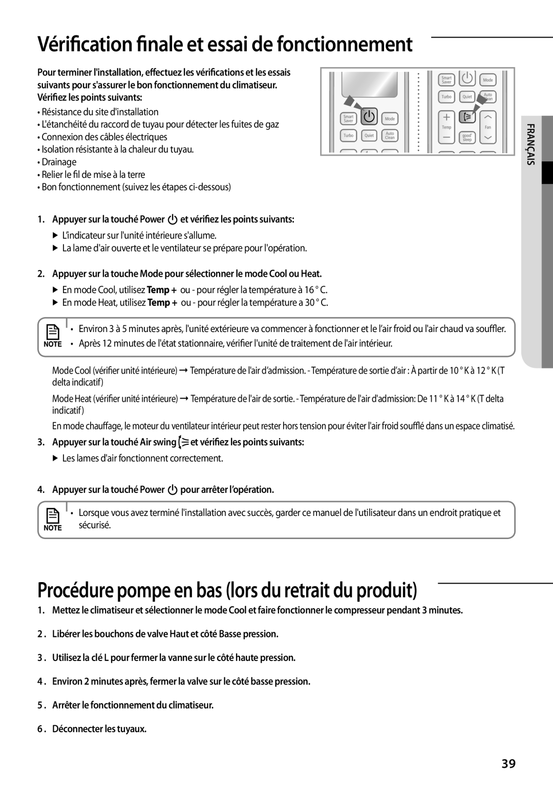 Samsung AQV12PWCNEUR Vérification finale et essai de fonctionnement, Appuyer sur la touché Power pour arrêter l’opération 