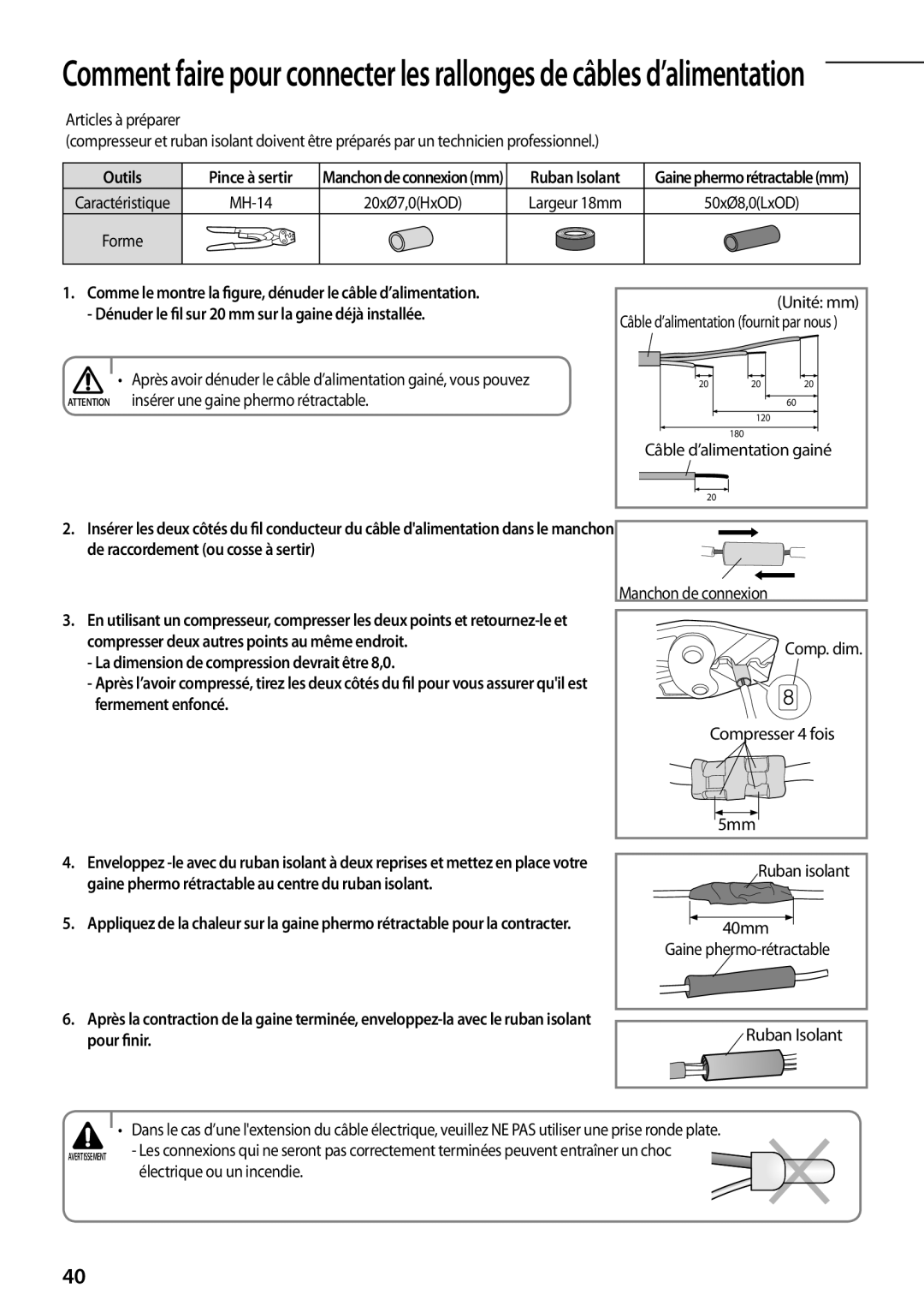 Samsung AQV12PWAX Ruban Isolant, Manchon de connexion, Compresser deux autres points au même endroit, 40mm, Pour finir 