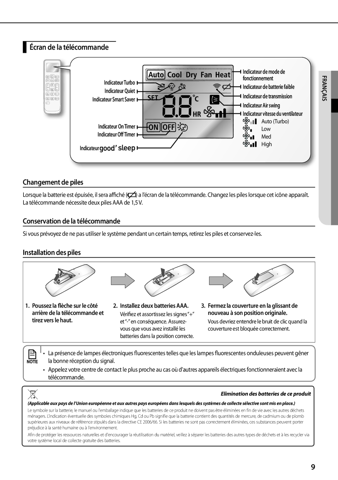 Samsung AQV12PWCNEUR, AQV12PWAX manual Écran de la télécommande, Changement de piles, Conservation de la télécommande 