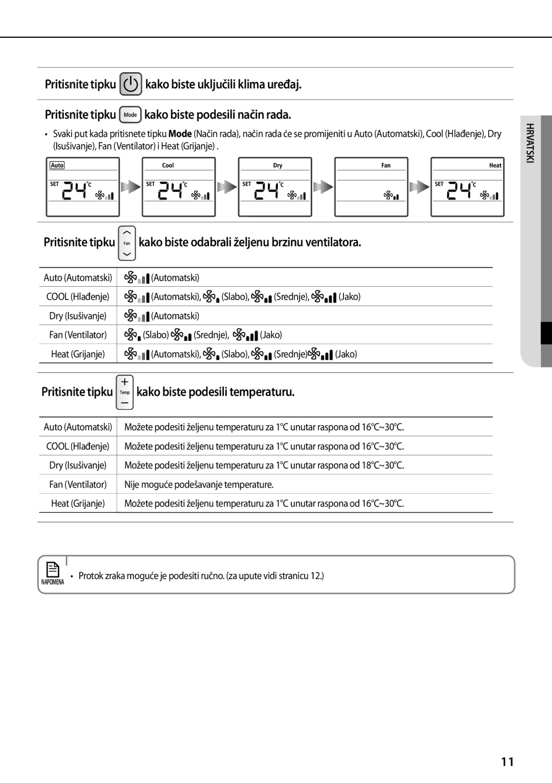 Samsung AQV09PSBX, AQV12PWAX, AQV12PSBX Kako biste odabrali željenu brzinu ventilatora, Kako biste podesili temperaturu 