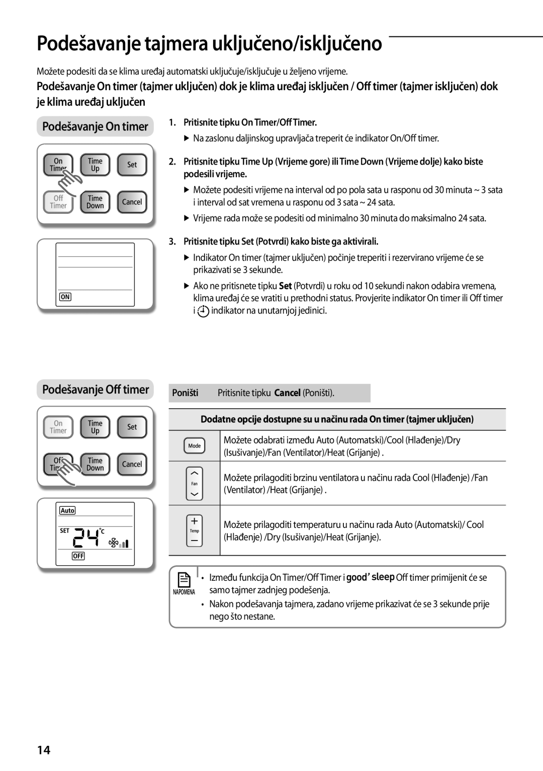 Samsung AQV12PWAX manual Podešavanje tajmera uključeno/isključeno, Interval od sat vremena u rasponu od 3 sata ~ 24 sata 