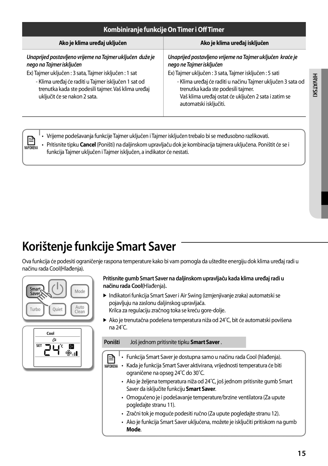 Samsung AQV12PSBX manual Korištenje funkcije Smart Saver, Ako je klima uređaj uključen Ako je klima uređaj isključen, Mode 