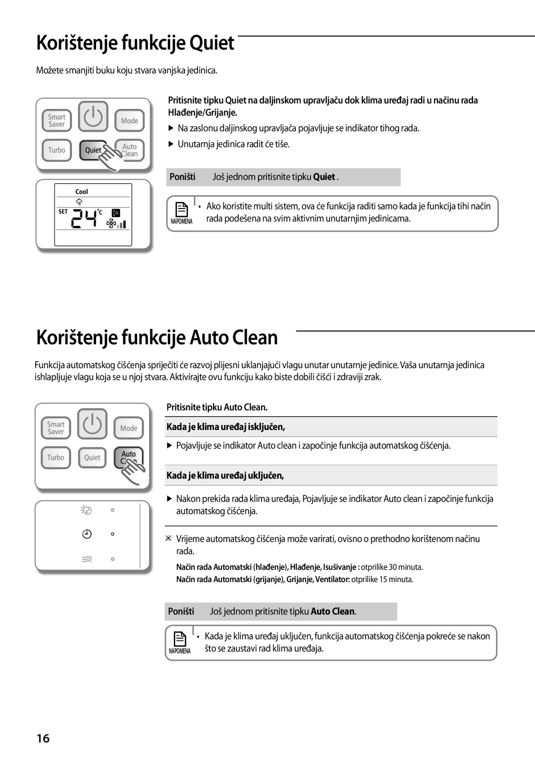 Samsung AQV12PWAN, AQV12PWAX, AQV12PSBX manual Korištenje funkcije Quiet, Korištenje funkcije Auto Clean, Hlađenje/Grijanje 