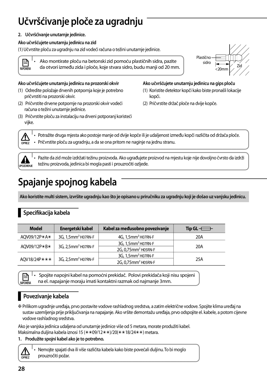 Samsung AQV12PWAX, AQV12PSBX manual Spajanje spojnog kabela, Specifikacija kabela, Povezivanje kabela, Prouzročiti požar 