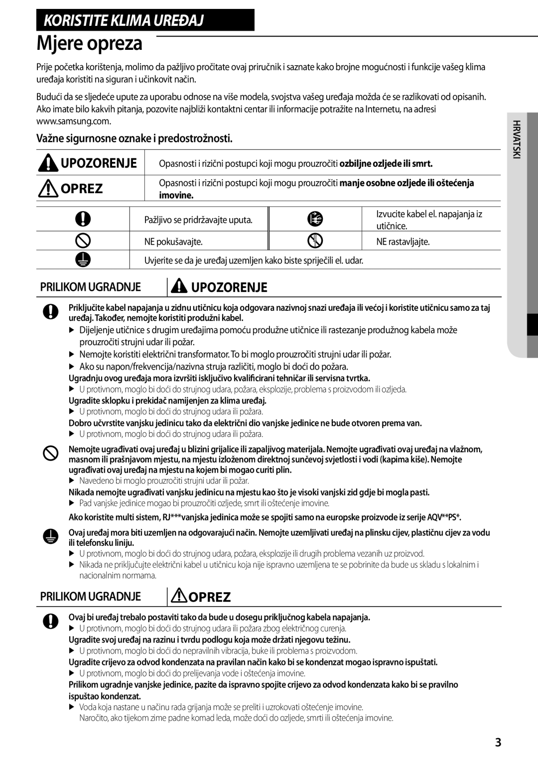 Samsung AQV09PWAN, AQV12PWAX, AQV12PSBX manual Mjere opreza, Važne sigurnosne oznake i predostrožnosti, Imovine, Utičnice 