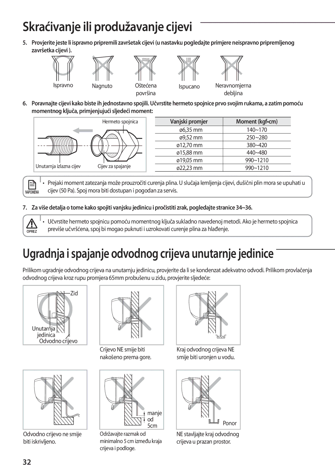 Samsung AQV09PSBX manual Ispravno Nagnuto, Ispucano, Zid, Odvodno crijevo ne smije biti iskrivljeno, Manje Od 5cm, Ponor 