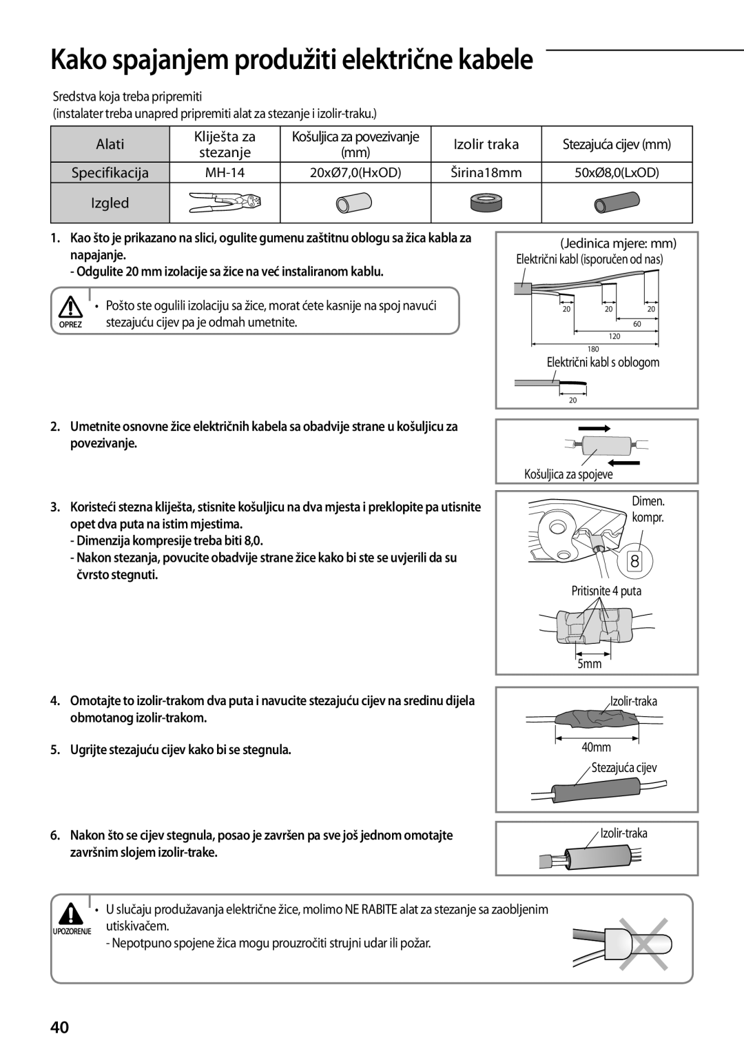 Samsung AQV24PSBX manual Kako spajanjem produžiti električne kabele, Napajanje, Povezivanje, Završnim slojem izolir-trake 