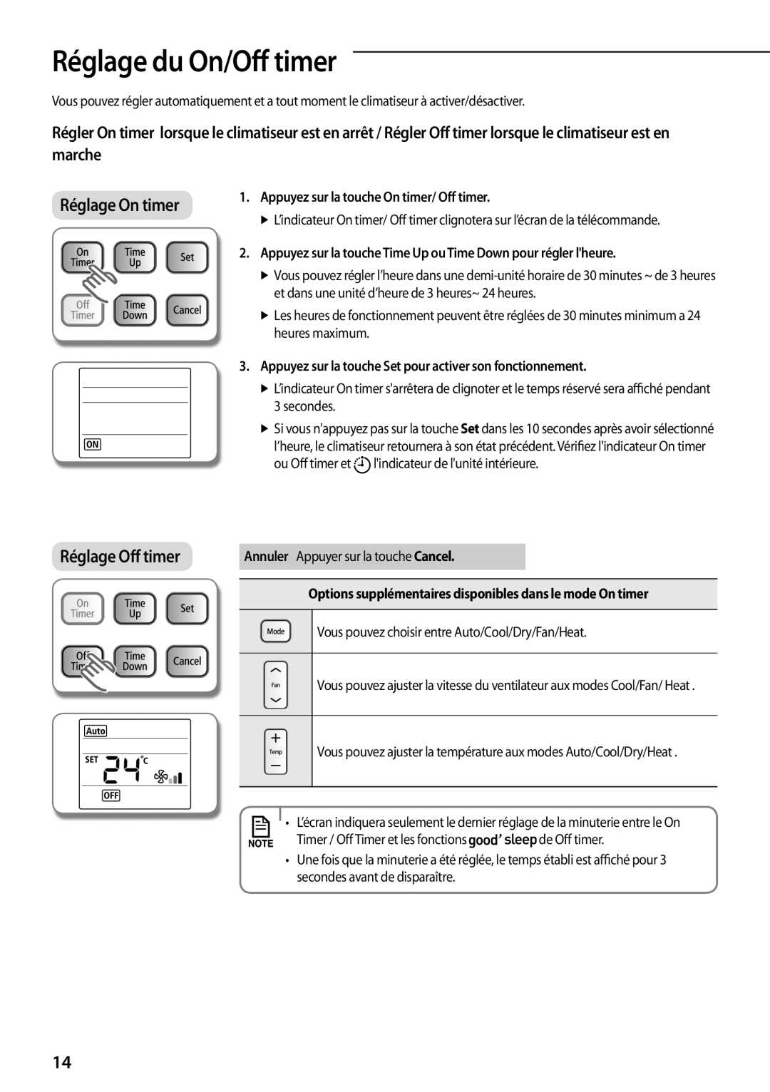 Samsung AQV24PSBX Réglage du On/Off timer, Appuyez sur la touche On timer/ Off timer, Annuler Appuyer sur la touche Cancel 