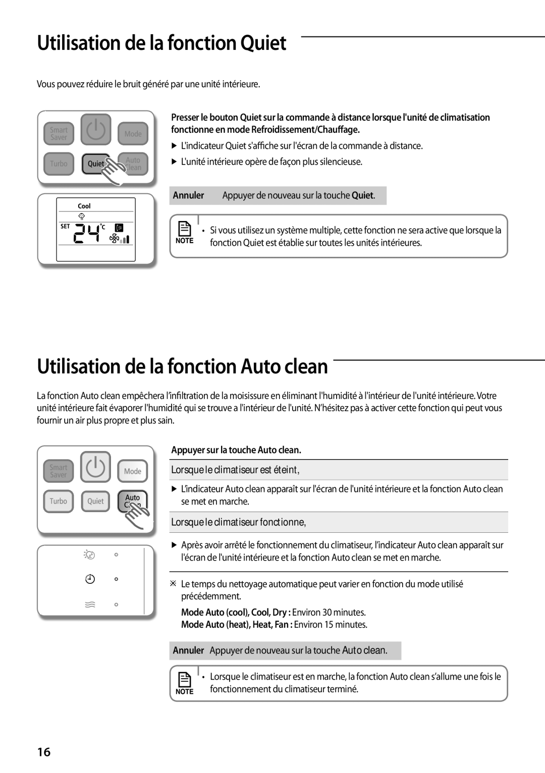 Samsung AQV12PWAX, AQV12PSBX, AQV12PWCXEUR manual Utilisation de la fonction Quiet, Utilisation de la fonction Auto clean 