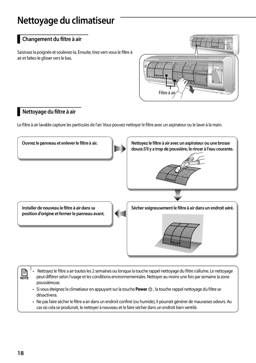 Samsung AQV12PWCXEUR Changement du filtre à air, Nettoyage du filtre à air, Ouvrez le panneau et enlever le filtre à air 