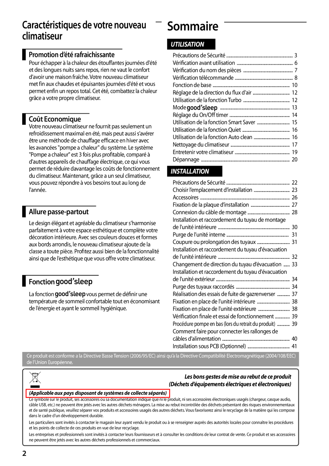 Samsung AQV12PWCXEUR, AQV12PWAX Sommaire, Promotion d’été rafraichissante, Coût Economique, Allure passe-partout, Fonction 