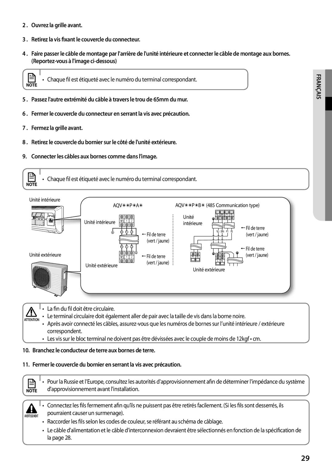 Samsung AQV09PSBX, AQV12PWAX, AQV12PSBX, AQV12PWCXEUR Dapprovisionnement avant linstallation, Pourraient causer un surmenage 