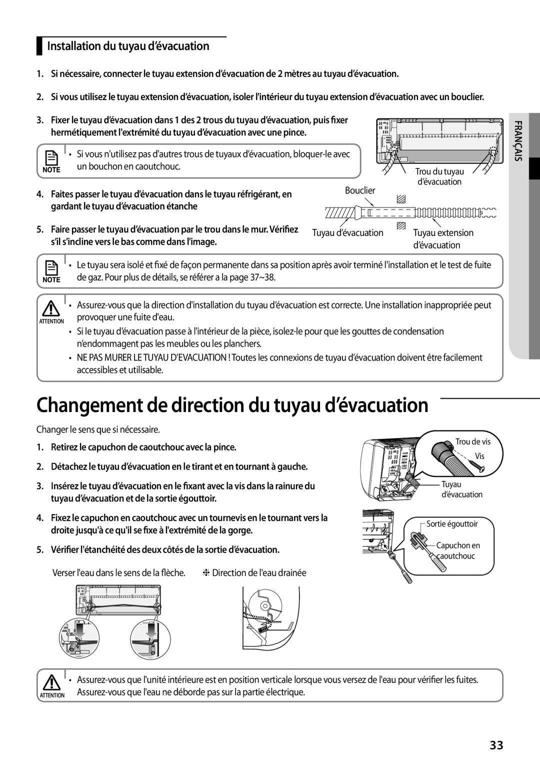 Samsung AQV12PSBX, AQV12PWAX, AQV12PWCXEUR, AQV12PWAN, AQV09PWAN, AQV09PSBX, AQV24PSBX manual Installation du tuyau d’évacuation 