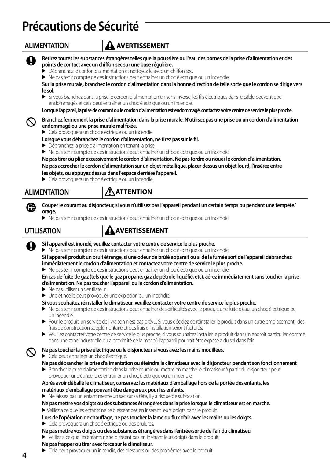 Samsung AQV09PWAN, AQV12PWAX, AQV12PSBX, AQV12PWCXEUR, AQV12PWAN, AQV09PSBX, AQV24PSBX, AQV09PWAX manual Alimentation 