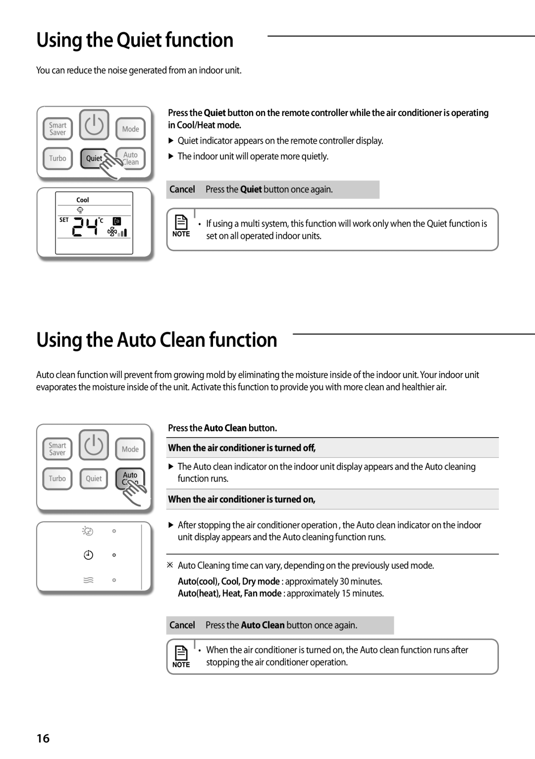 Samsung AQV12PSBX manual Using the Quiet function, Using the Auto Clean function, When the air conditioner is turned on 