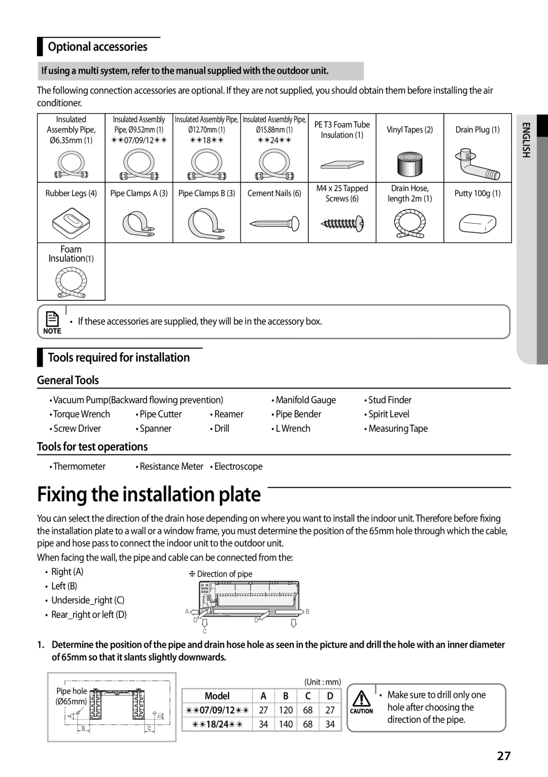 Samsung AQV09PSAX manual Fixing the installation plate, Optional accessories, Tools required for installation General Tools 