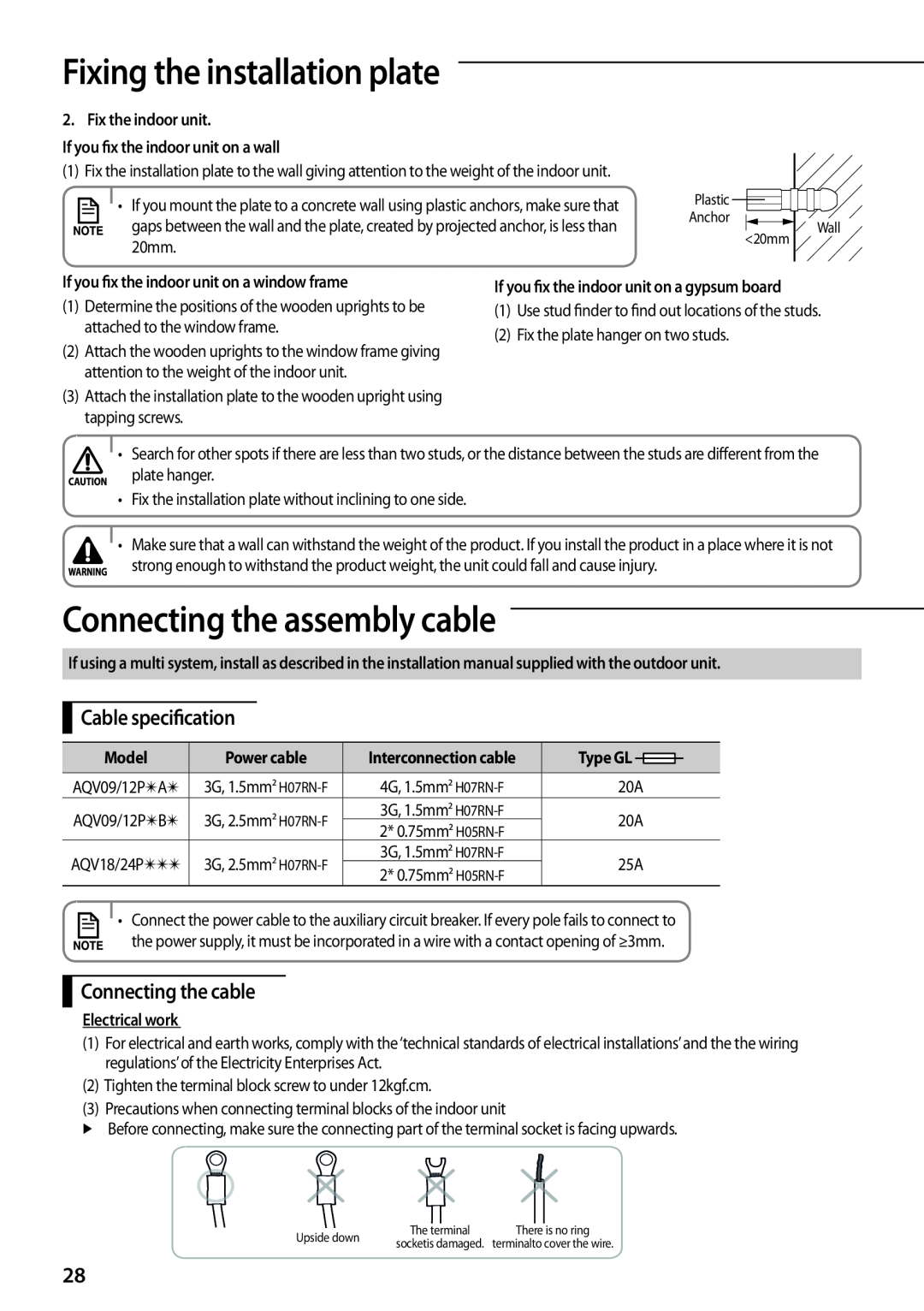 Samsung AQV24PSBXSER manual Connecting the assembly cable, Cable specification, Connecting the cable, Power cable, Model 