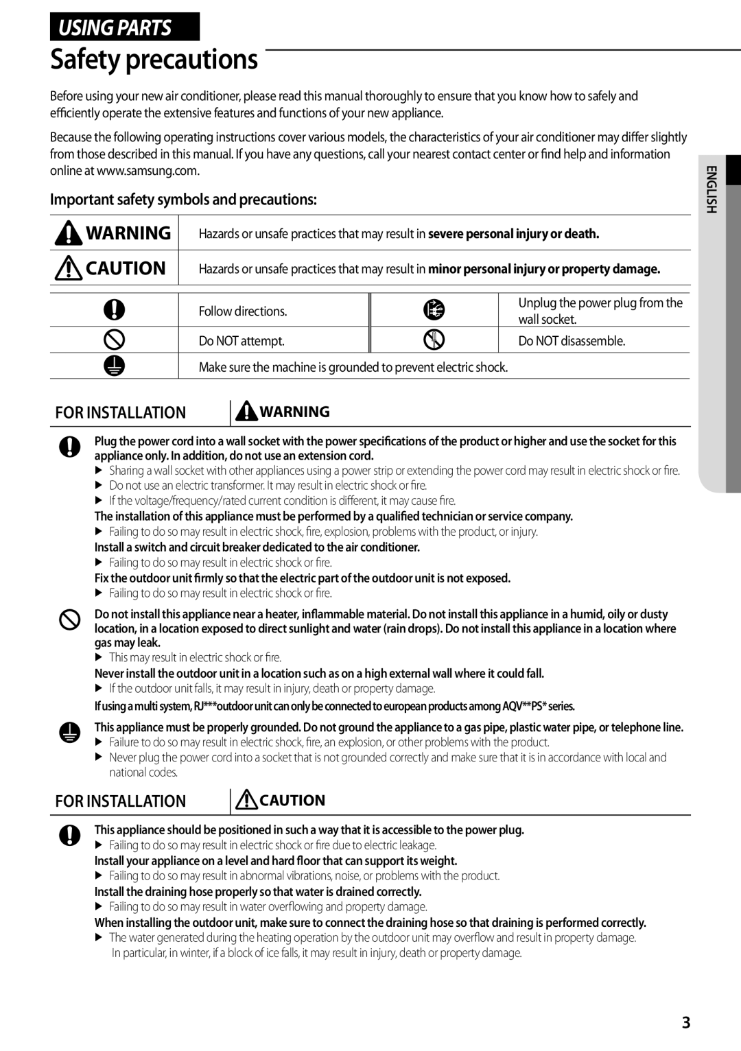 Samsung AQV12PWAN Safety precautions, Using Parts, Important safety symbols and precautions, For Installation, English 