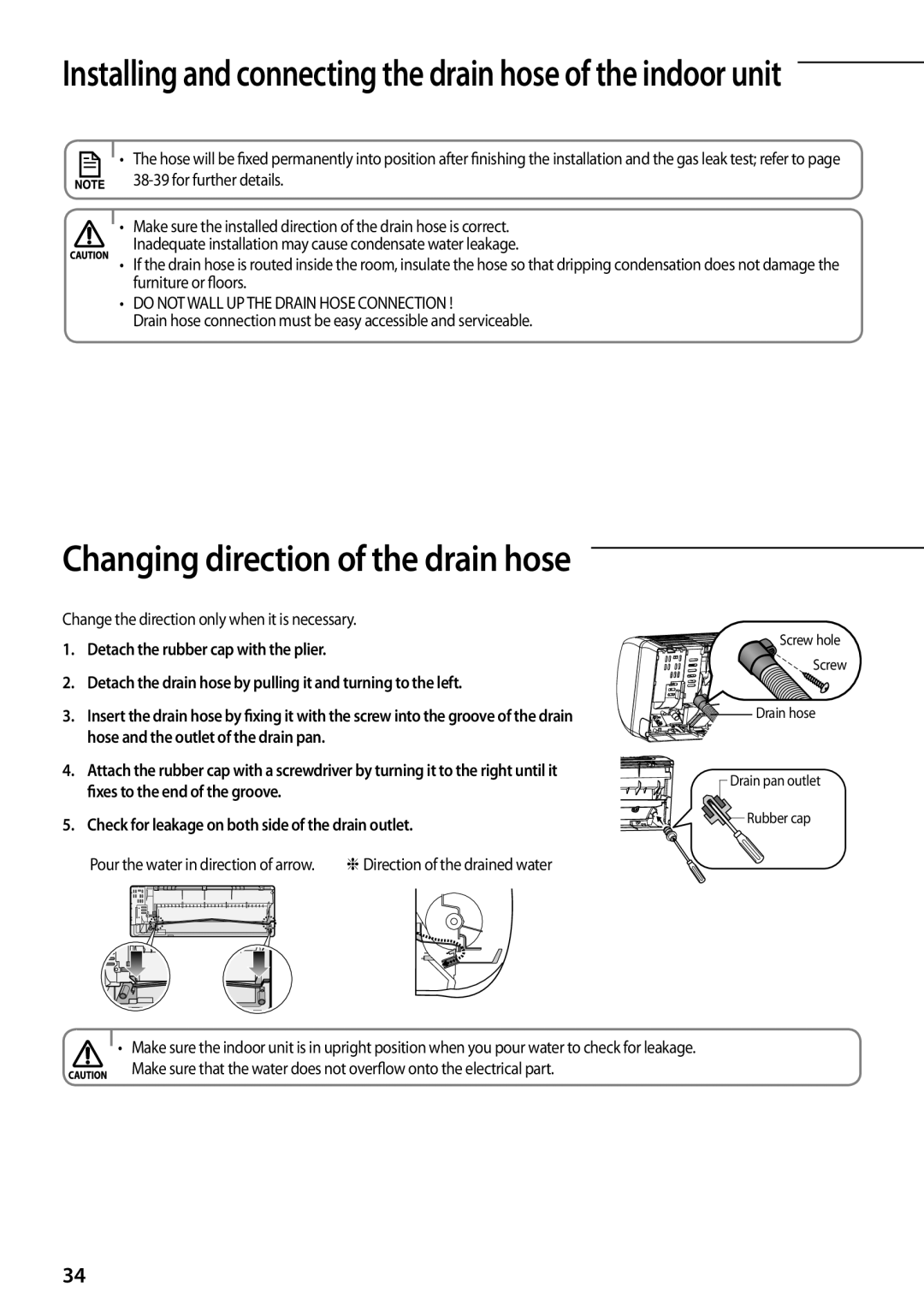 Samsung AQV09PWAN manual Changing direction of the drain hose, Installing and connecting the drain hose of the indoor unit 