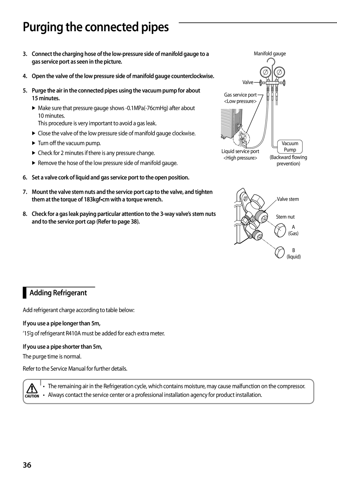 Samsung AQV24PSBX, AQV12PWAX Adding Refrigerant, gas service port as seen in the picture, If you use a pipe longer than 5m 