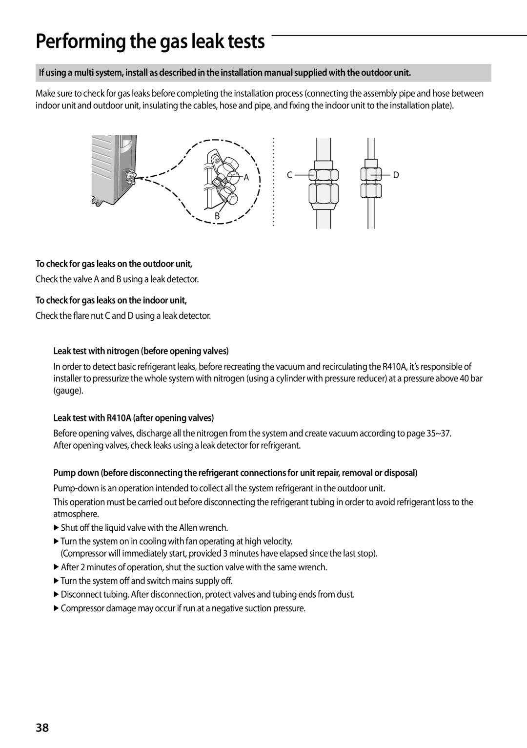 Samsung AQV12PSAN, AQV12PWAX, AQV12PSBX manual PerfoAA rming the gas leak tests, To check for gas leaks on the outdoor unit 