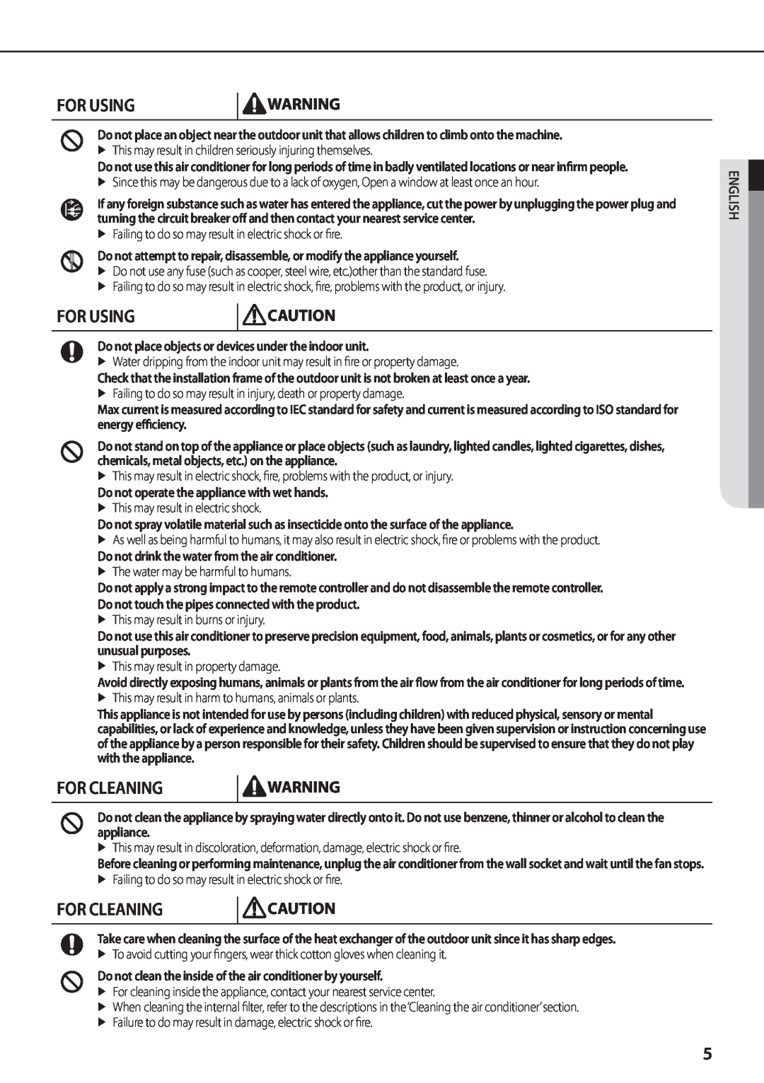 Samsung AQV09PSBX, AQV12PWAX manual For Cleaning, For Using, Do not place objects or devices under the indoor unit, English 