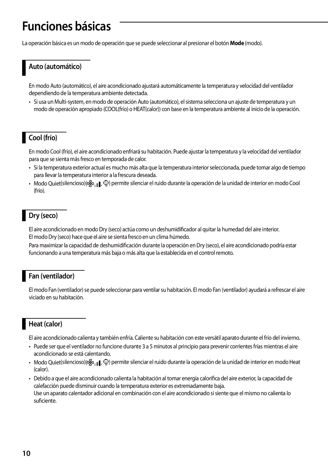 Samsung AQV12PWAX, AQV12PSCNEUR, AQV09PSCXEUR, AQV09PSCNEUR, AQV12PSCXEUR manual Funciones básicas 