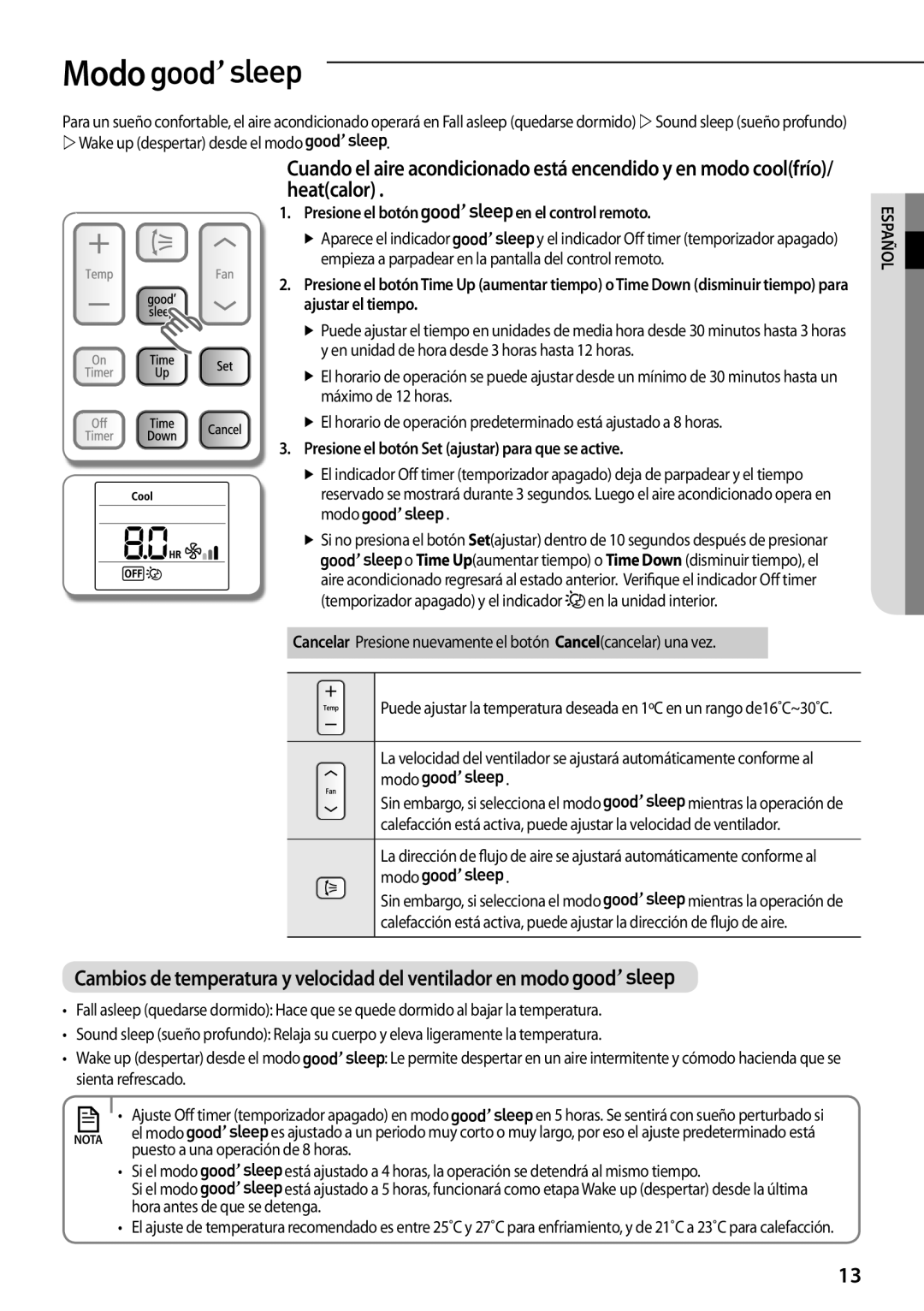 Samsung AQV09PSCNEUR manual Modo, Presione el botón en el control remoto, Presione el botón Set ajustar para que se active 