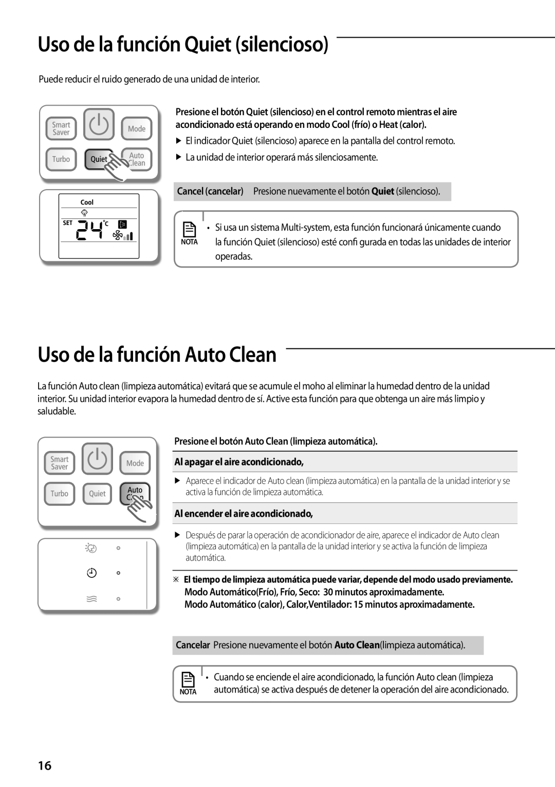 Samsung AQV12PSCNEUR Uso de la función Quiet silencioso, Uso de la función Auto Clean, Al encender el aire acondicionado 