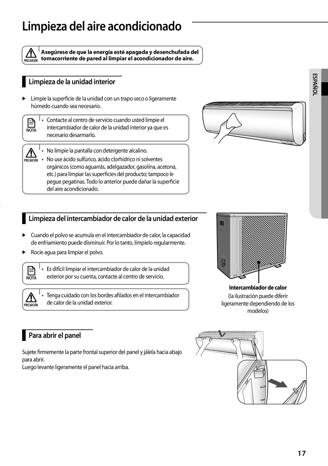 Samsung AQV09PSCXEUR, AQV12PWAX manual Limpieza del aire acondicionado, Limpieza de la unidad interior, Para abrir el panel 