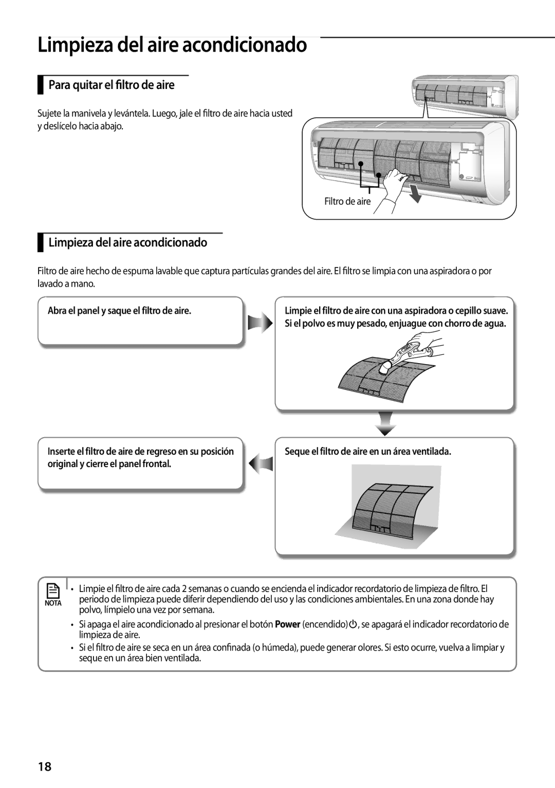 Samsung AQV09PSCNEUR Para quitar el filtro de aire, Limpieza del aire acondicionado, Polvo, límpielo una vez por semana 