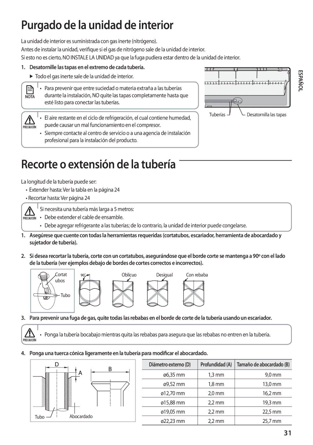 Samsung AQV12PSCNEUR, AQV12PWAX, AQV09PSCXEUR manual Purgado de la unidad de interior, Recorte o extensión de la tubería 