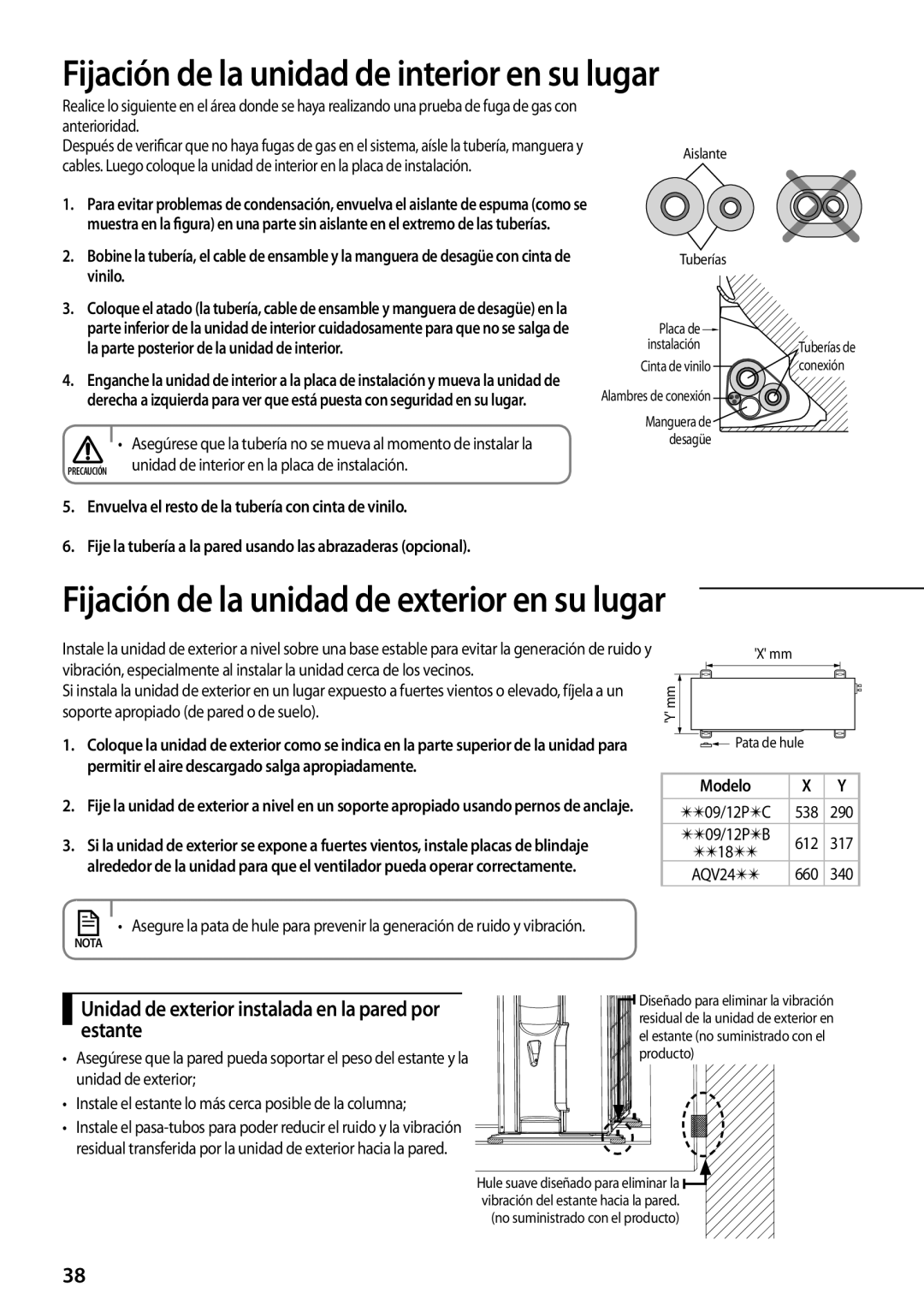 Samsung AQV09PSCNEUR Fijación de la unidad de interior en su lugar, Unidad de exterior instalada en la pared por estante 