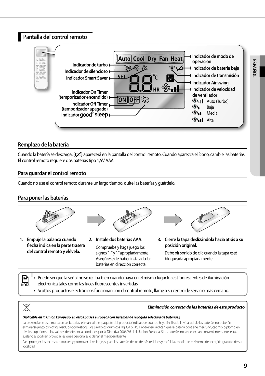 Samsung AQV12PSCXEUR, AQV12PWAX manual Pantalla del control remoto, Remplazo de la batería, Para guardar el control remoto 