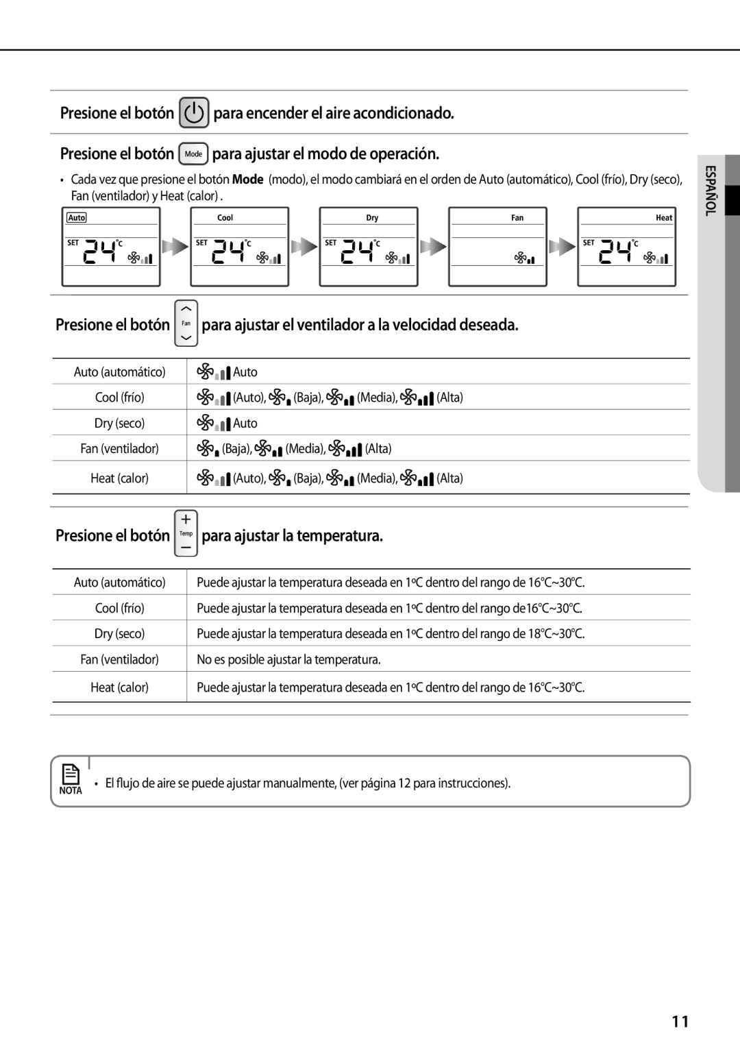 Samsung AQV12PSAN, AQV12PWAX, AQV24PSBX manual Para ajustar el ventilador a la velocidad deseada, Para ajustar la temperatura 