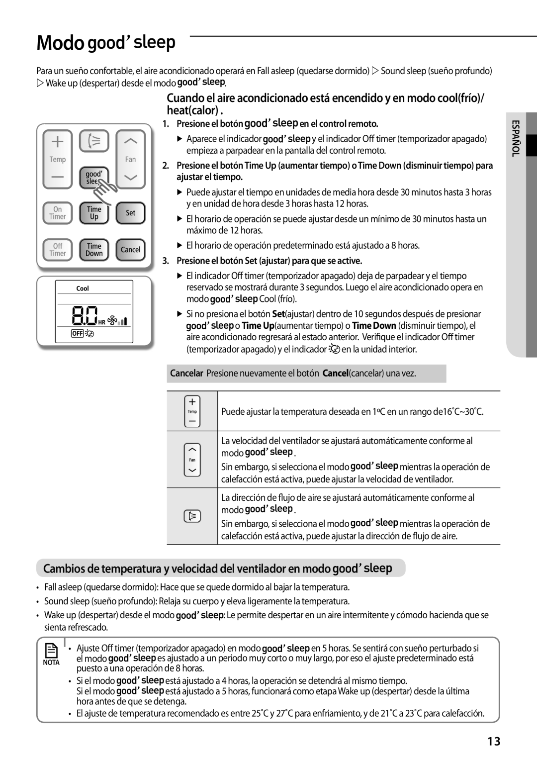 Samsung AQV18PSBNSER manual Modo, Presione el botón en el control remoto, Presione el botón Set ajustar para que se active 