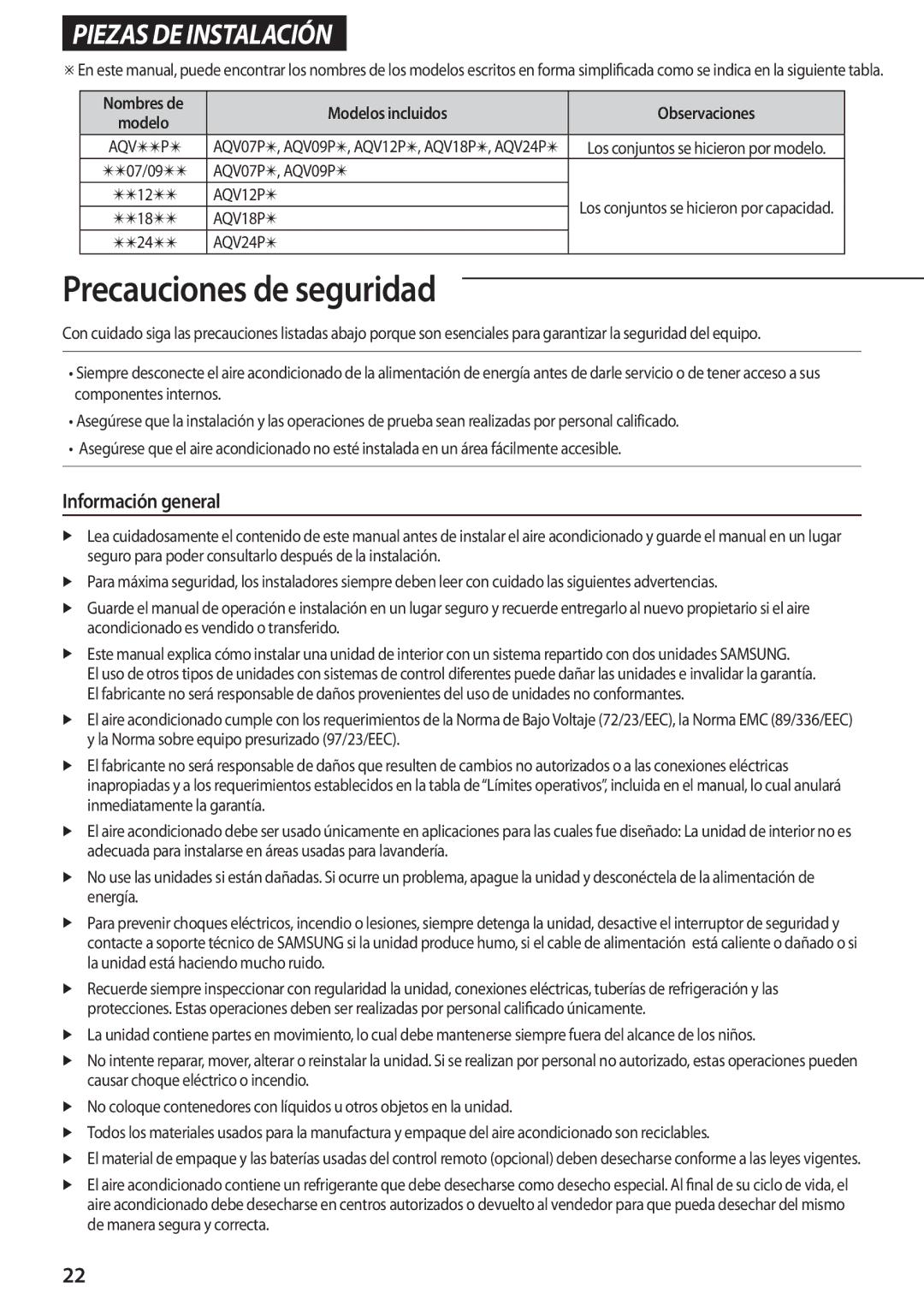 Samsung AQV18PSBNSER, AQV12PWAX, AQV24PSBX, AQV12PSAN, AQV24PSBNSER manual Información general, Modelos incluidos Observaciones 