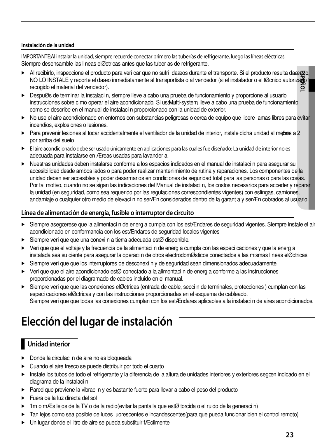 Samsung AQV12PSAX, AQV12PWAX, AQV24PSBX manual Elección del lugar de instalación, Unidad interior, Instalación de la unidad 