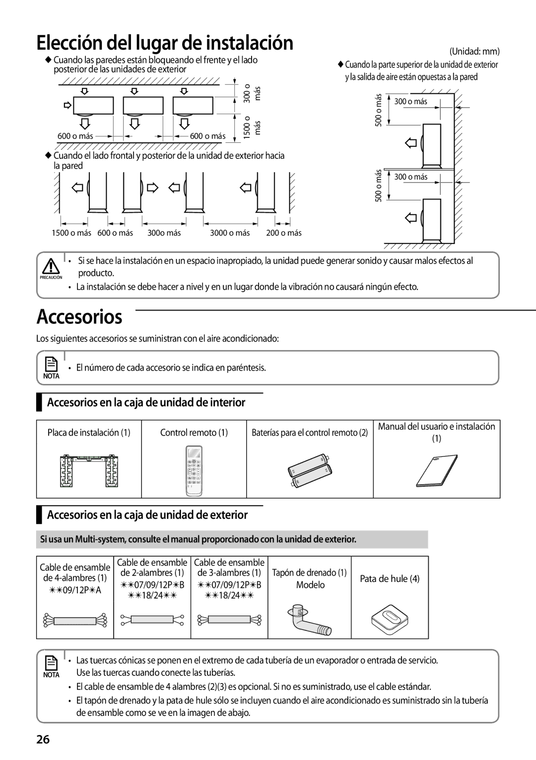 Samsung AQV09PSAN, AQV12PWAX Accesorios en la caja de unidad de interior, Accesorios en la caja de unidad de exterior 