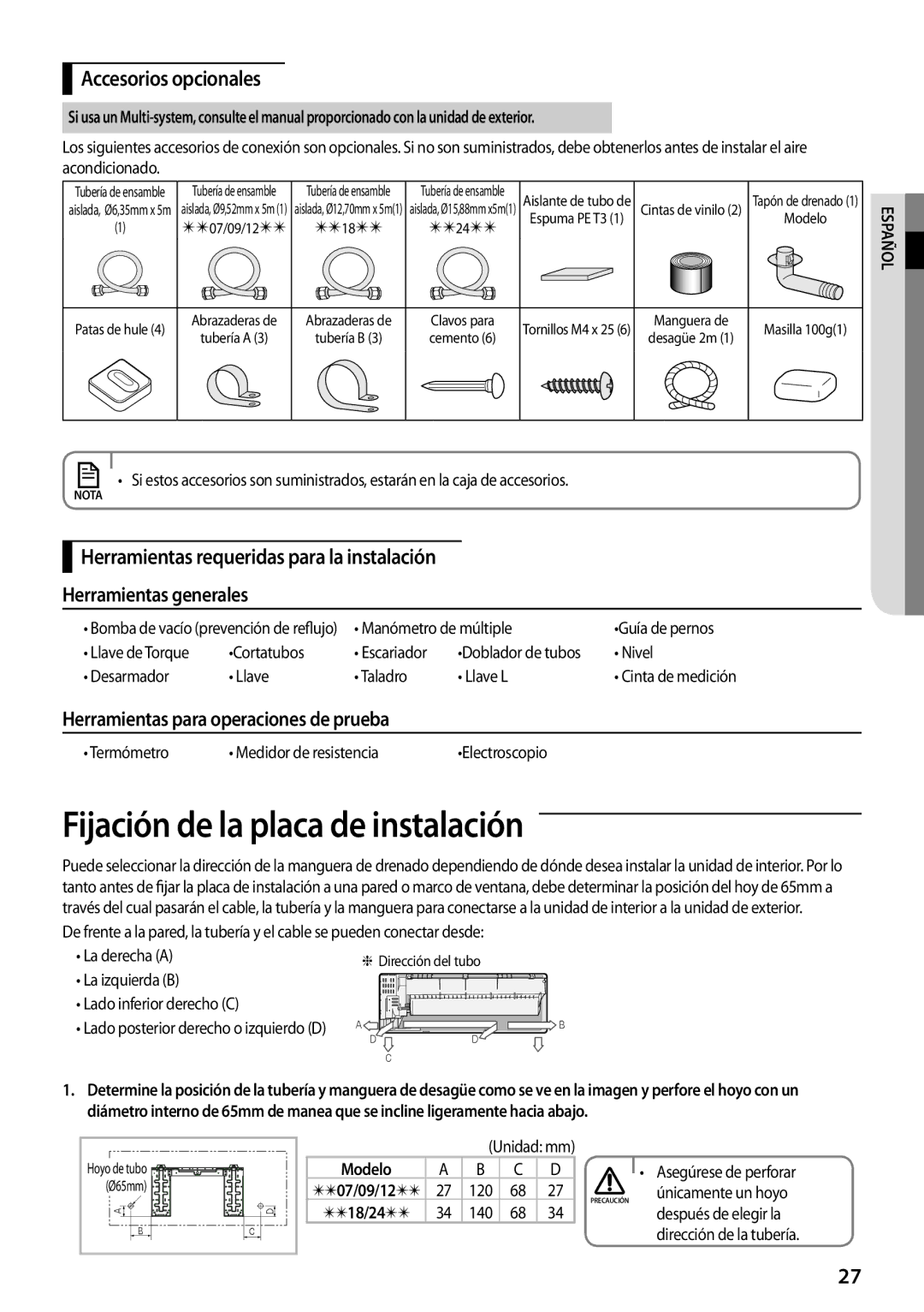 Samsung AQV12PWAX Fijación de la placa de instalación, Accesorios opcionales, Herramientas para operaciones de prueba 