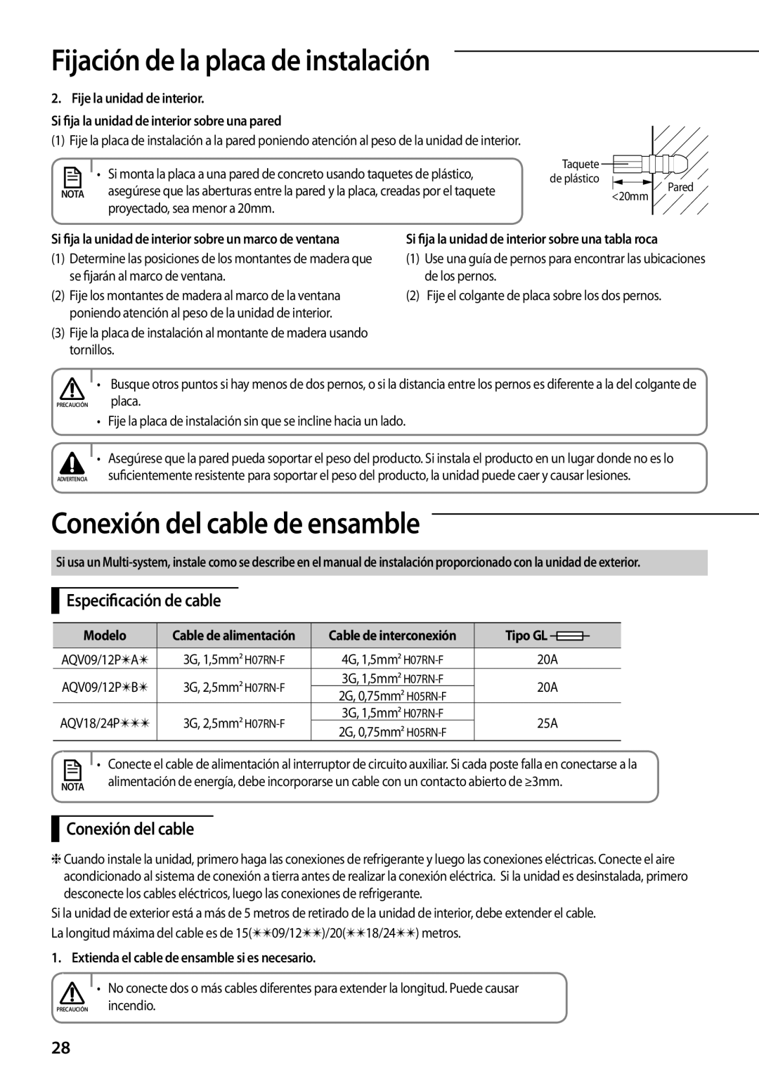 Samsung AQV24PSBX Conexión del cable de ensamble, Especificación de cable, Extienda el cable de ensamble si es necesario 