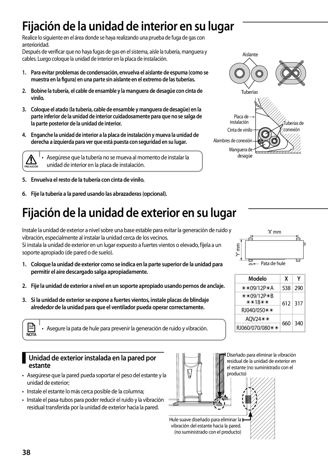 Samsung AQV12PSAN Fijación de la unidad de interior en su lugar, Unidad de exterior instalada en la pared por estante 