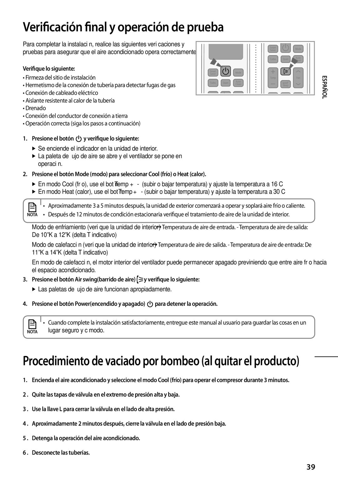 Samsung AQV24PSBNSER, AQV12PWAX, AQV24PSBX, AQV12PSAN manual Verificación final y operación de prueba, Verifique lo siguiente 