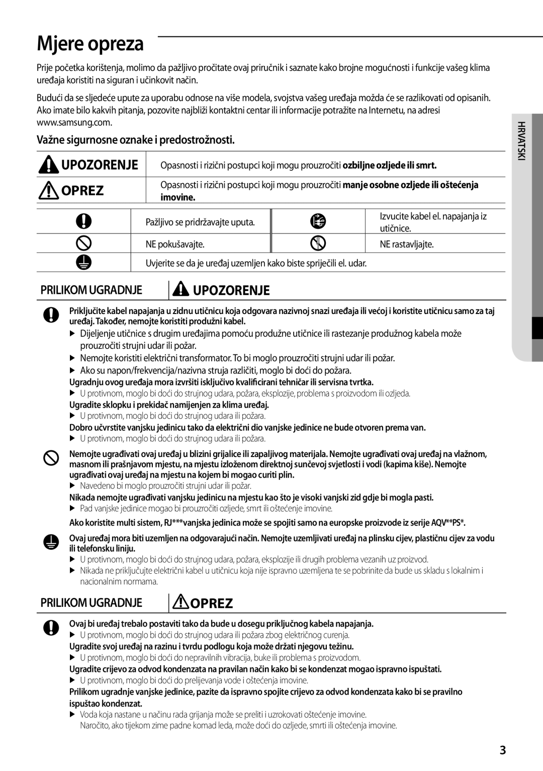 Samsung AQV12PWCNCEE, AQV12PWCXCEE, AQV09PWCXCEE Mjere opreza, Važne sigurnosne oznake i predostrožnosti, Imovine, Utičnice 