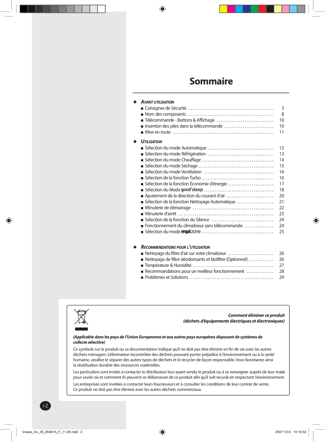 Samsung AQV09VBCNKCV, AQV12VBEN, AQV24VBGN, AQV24VBEN, AQV24VBCX, AQV18VBCN, AQV24VBGX, AQV24VBEX, AQV24VBCN manual Sommaire 